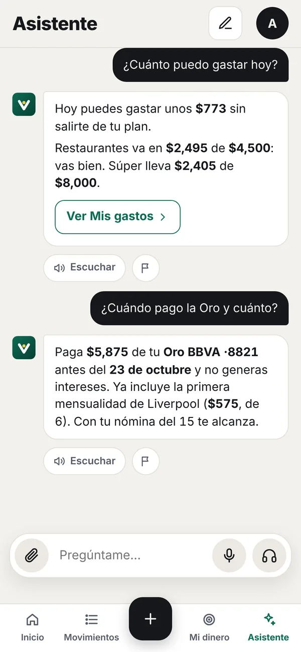 Pantalla del asistente de Venzo contestando cuánto se puede gastar hoy